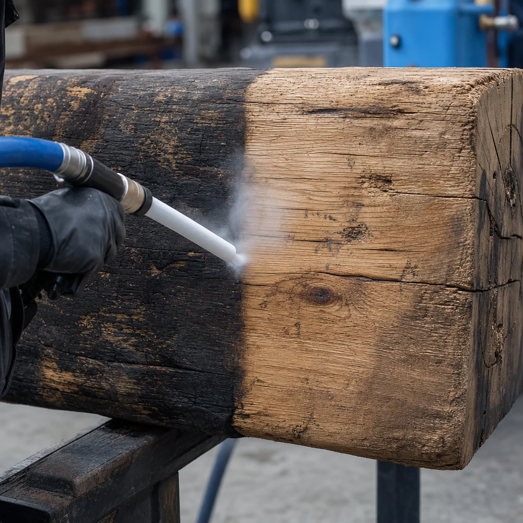 Close-up of dry ice cleaning revealing preserved grain on an old timber beam.