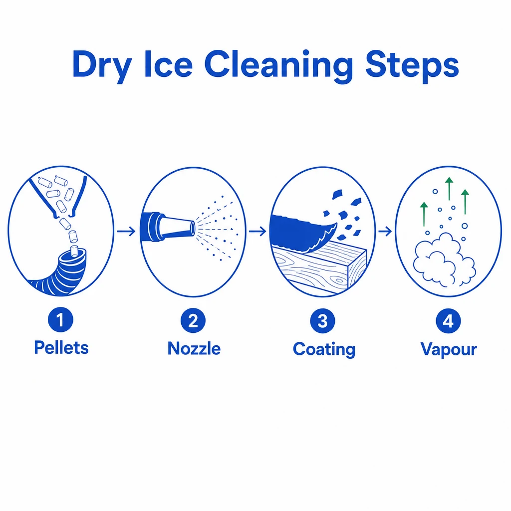 Diagram showing dry ice pellets blasting a beam and turning to vapour.