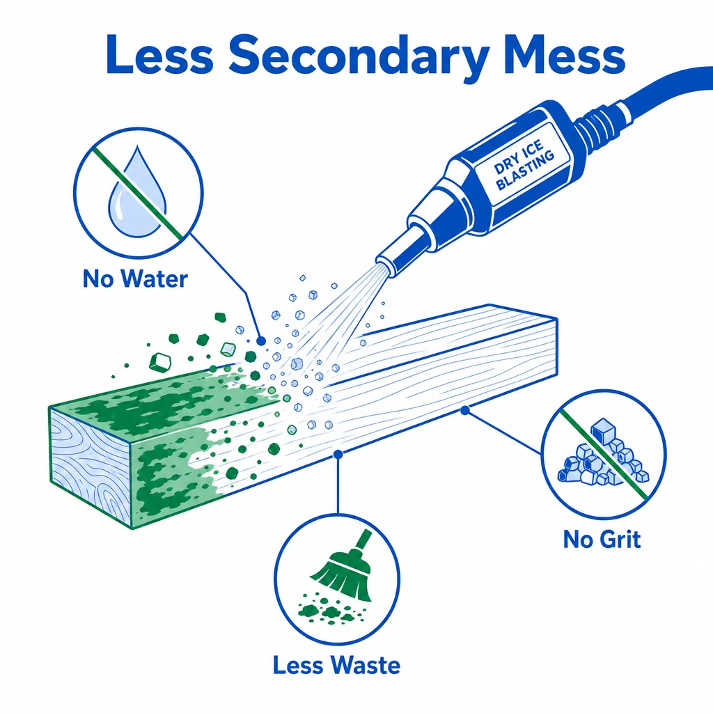 Graphic showing dry ice beam cleaning creates no water, no grit and less waste.