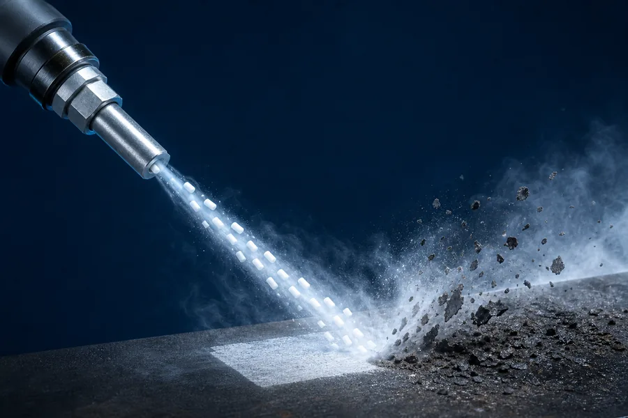 Dry ice blasting nozzle lifting residue from a surface with dry ice pellets