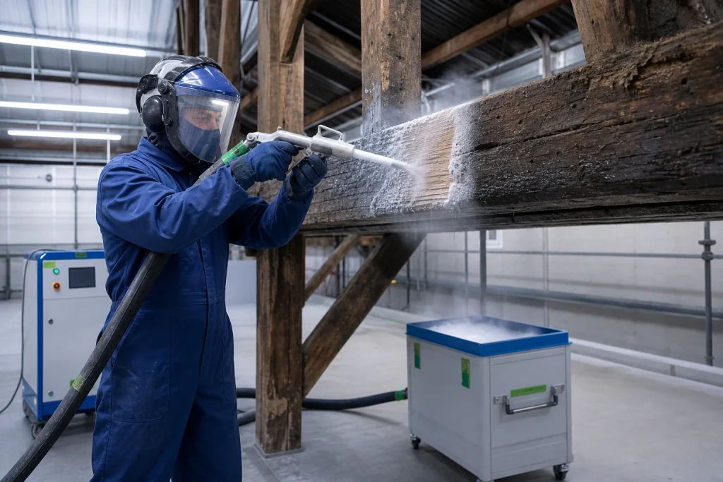 Operator dry ice blasting an old timber beam with cold vapour around the nozzle.