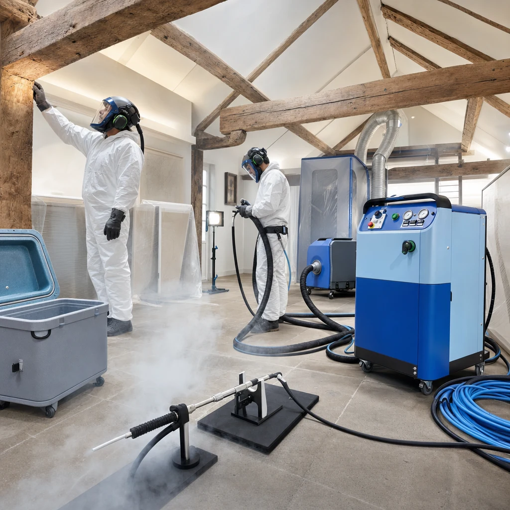 Professional dry ice beam cleaning setup with PPE, hoses and dry ice equipment.