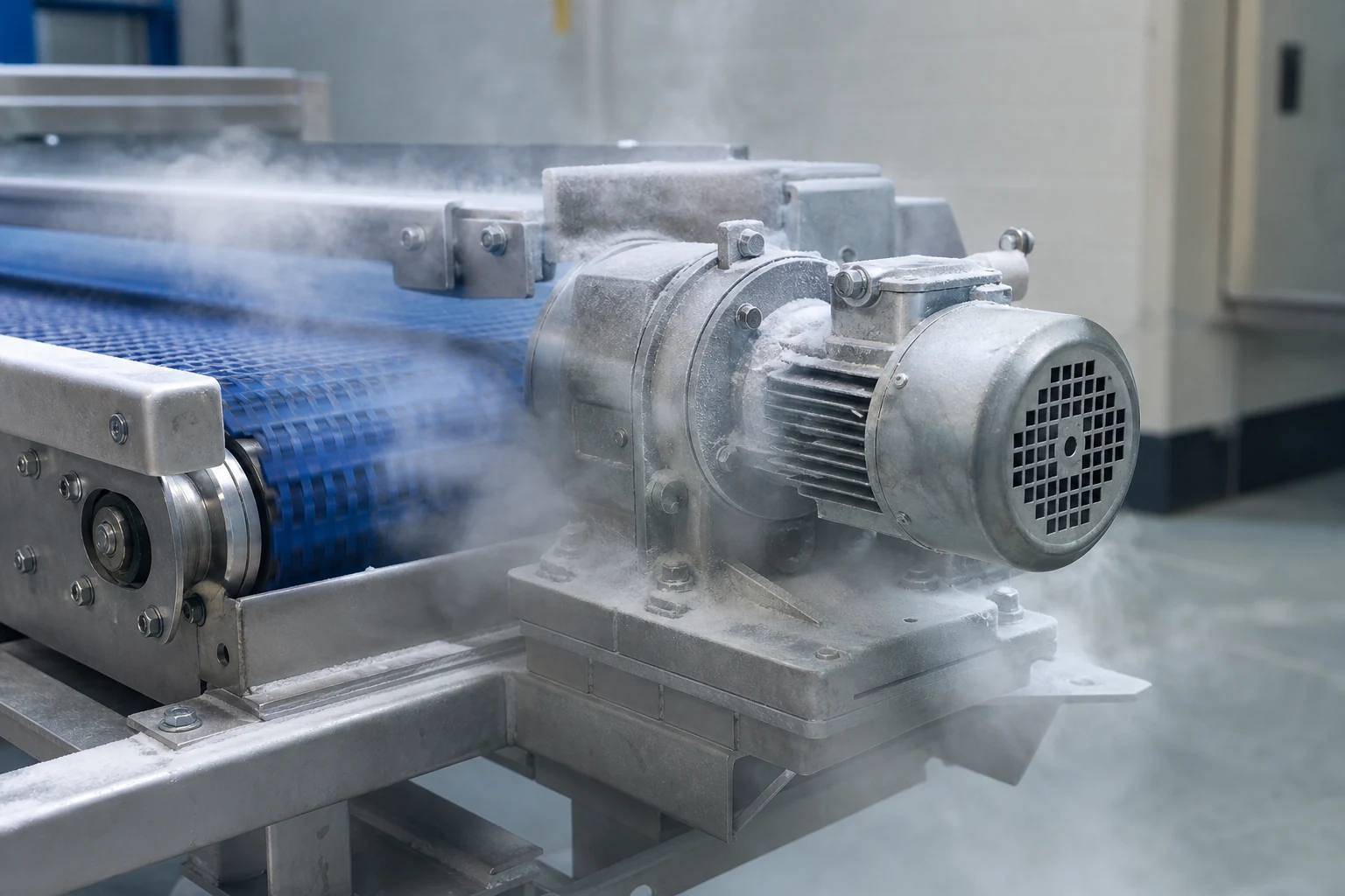 Cold vapour and frost around factory machinery during dry ice cleaning