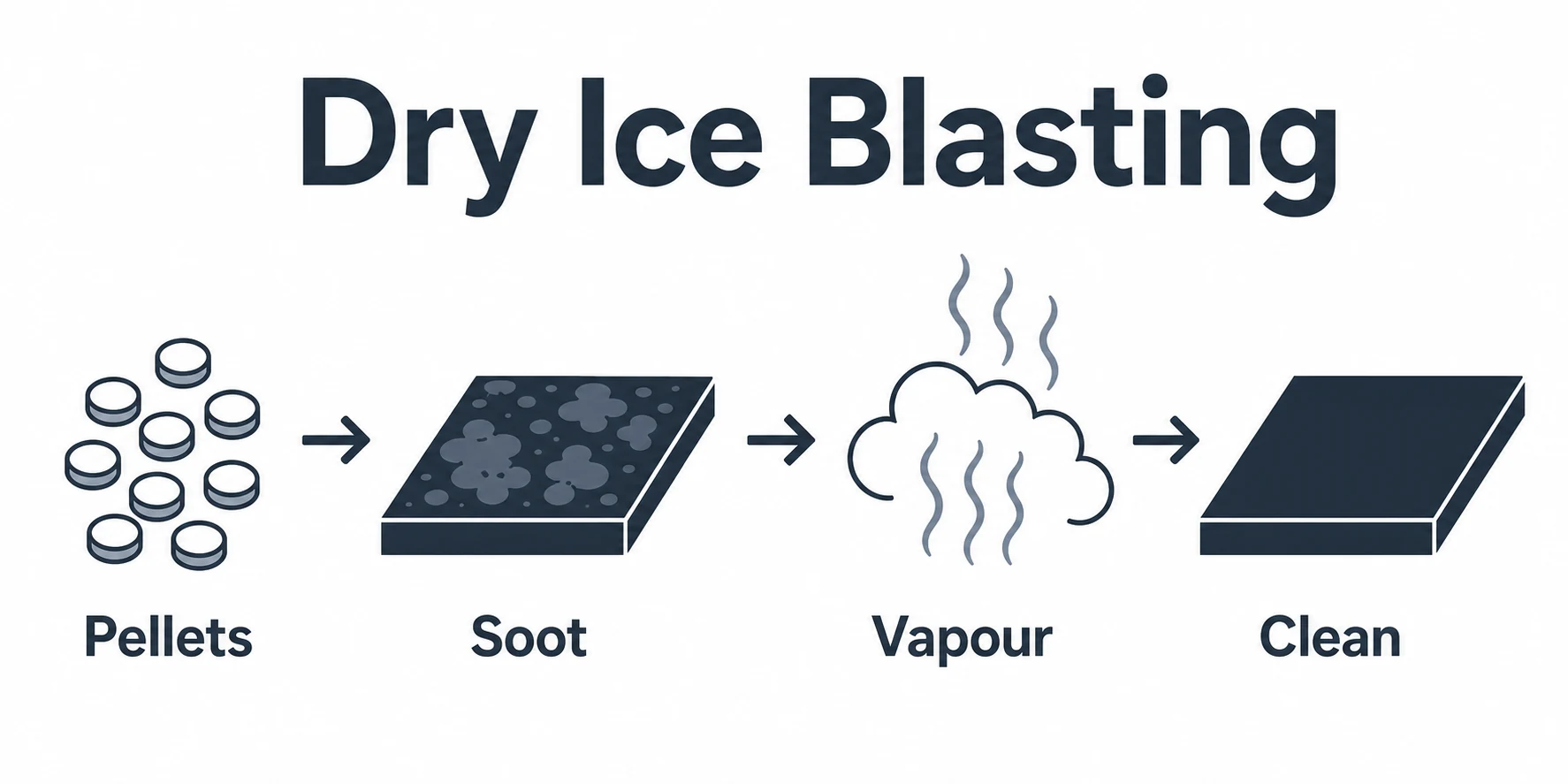 Graphic showing dry ice pellets lifting soot into vapour and leaving a clean surface