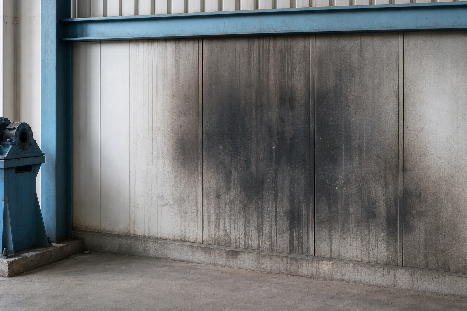 Soot and smoke residue on an industrial workshop wall panel