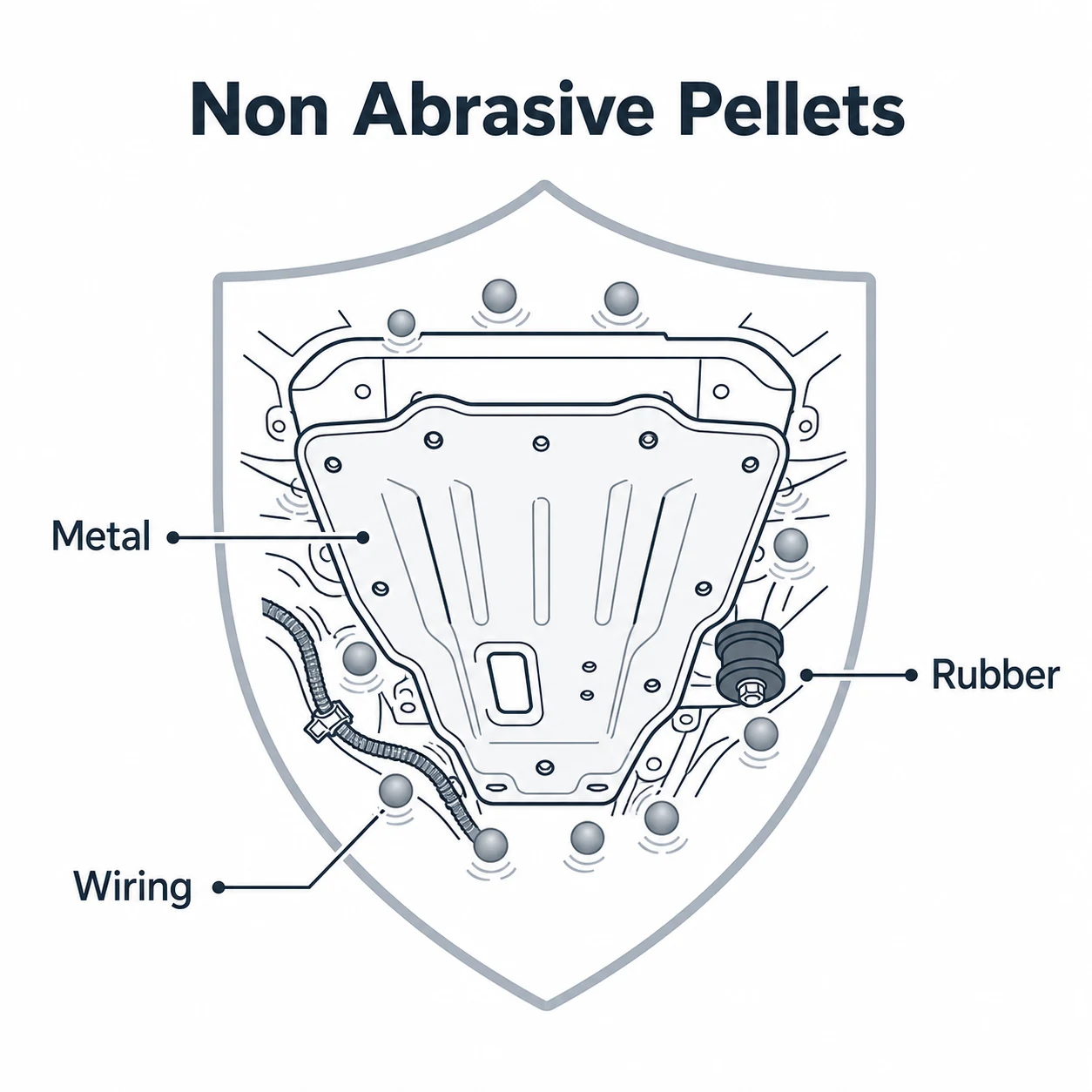 Vector graphic showing non abrasive dry ice pellets around metal, rubber and wiring.