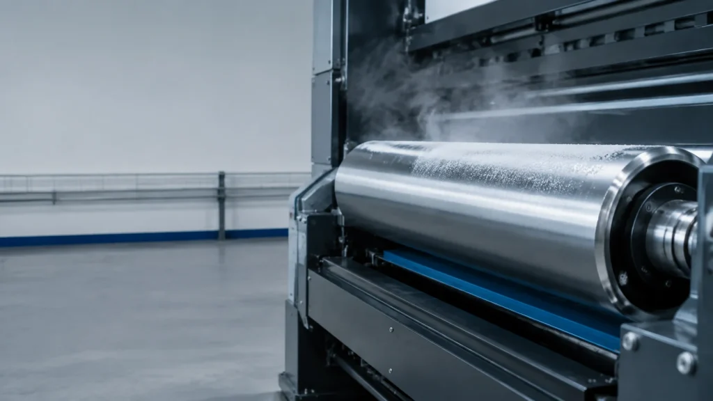 Clean press roller with light frost in a tidy industrial print workshop.