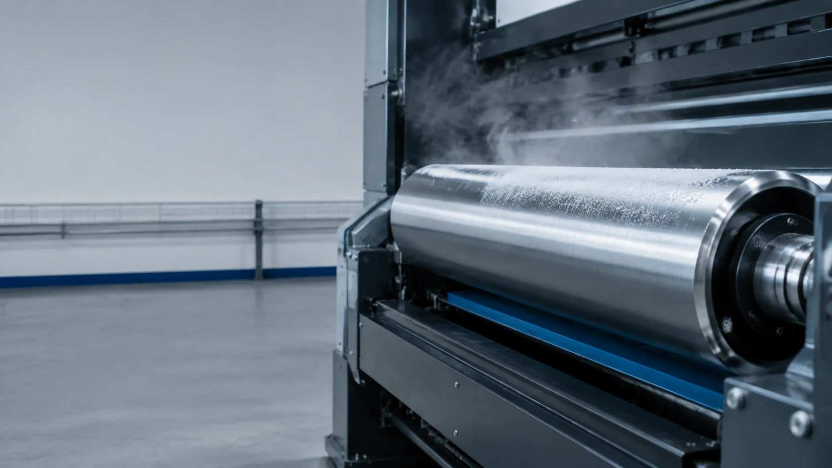 Clean press roller with light frost in a tidy industrial print workshop.